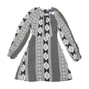 New Francesca Blue Rain Tribal Print Dress Size XXS Long Sleeve Black White